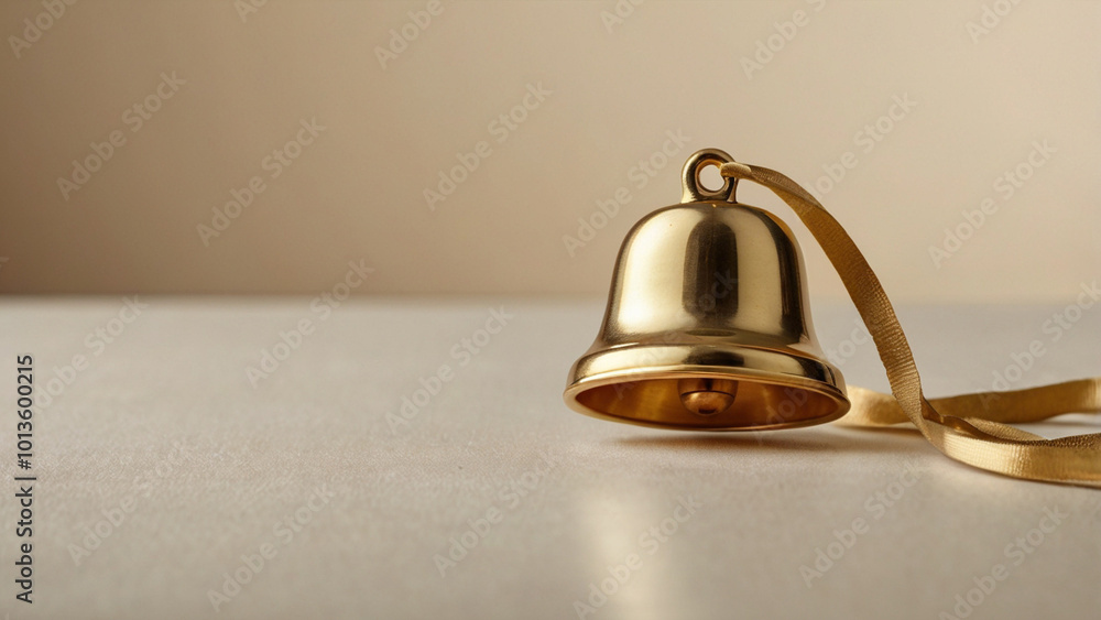 A pale cream background with a small golden bell in the upper right corner.
