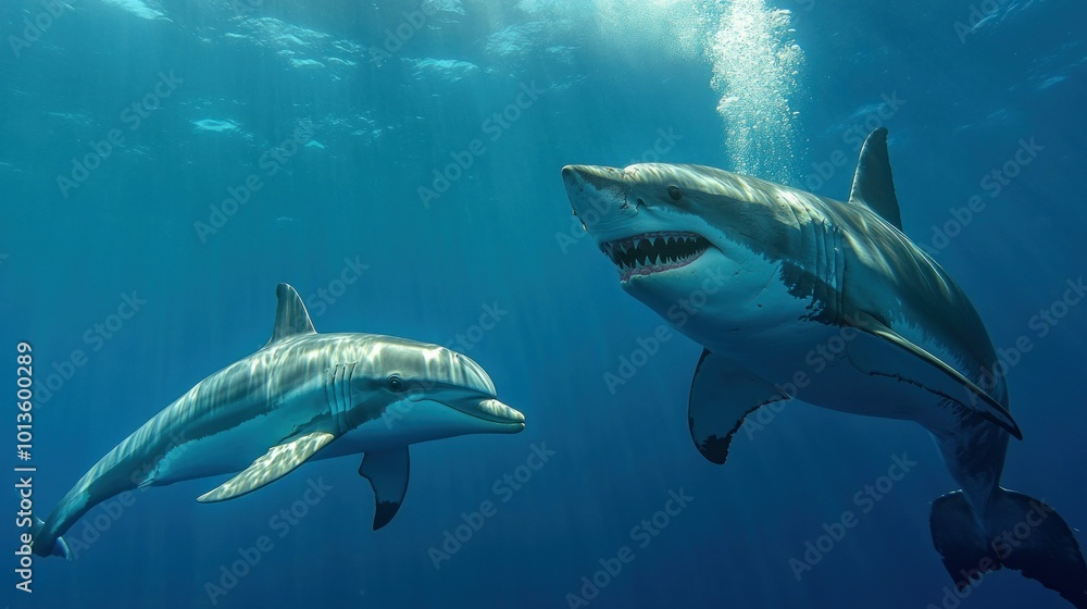 Great White Shark and Dolphin Encounter in the Ocean Great White Shark and Dolphin Encounter in the Ocean