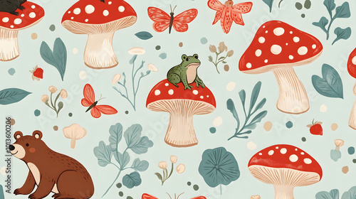 Cottagecore Wonderland, whimsical design featuring mushrooms, frogs, bears, butterflies, enchanting woodland charm, vibrant nature motifs