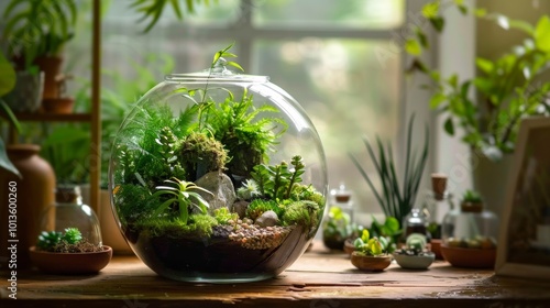 Miniature Indoor Terrarium with Assorted Succulents and Moss in Glass Sphere on Wooden Tabletop photo