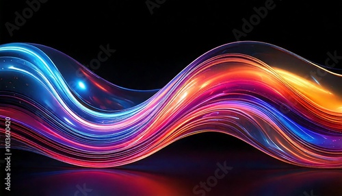 Firefly abstract fluid holographic iridecent neon light curved wave in motion glass texture, black 