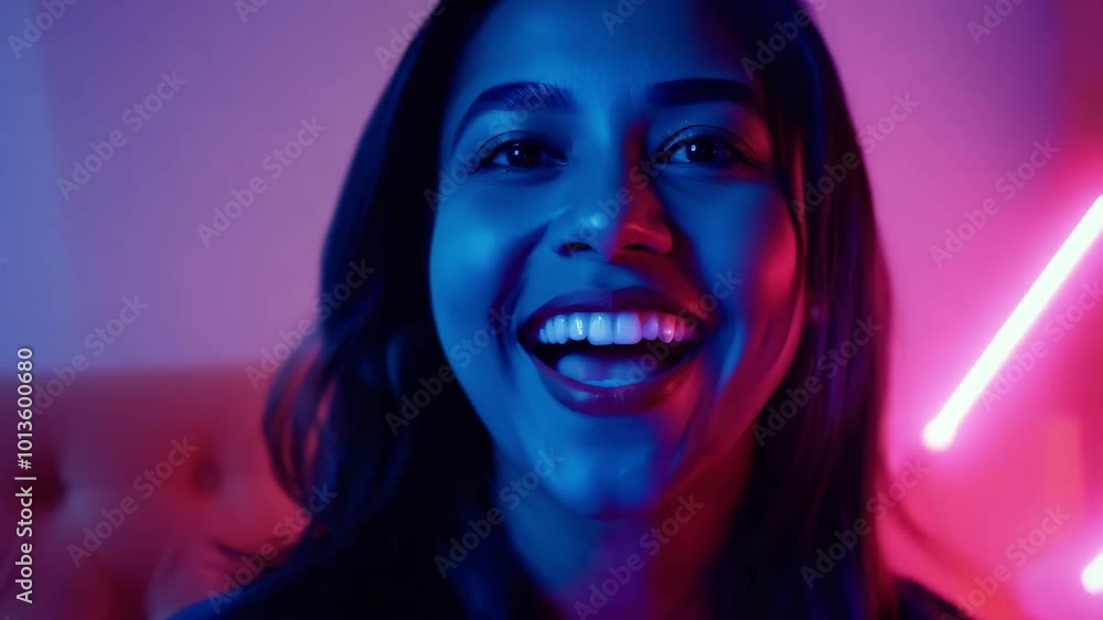Vibrant portrait of a smiling woman in neon lighting Vibrant portrait of a smiling woman in neon lighting