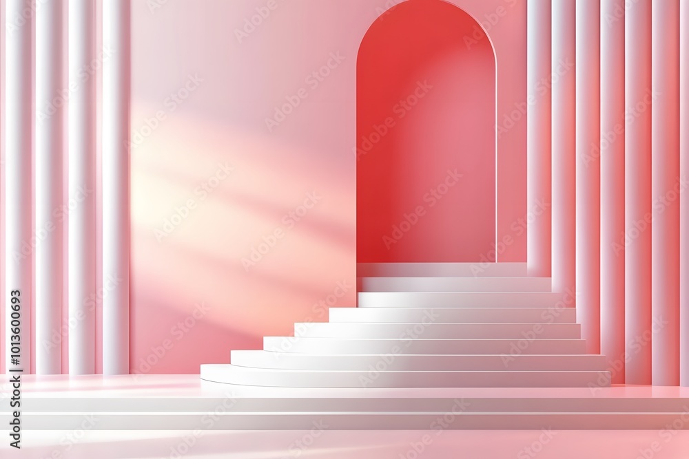 Fototapeta premium A red and pink gradient illustration of the Great Wall, with simple lines, flat illustrations, vector style, and geometric shapes