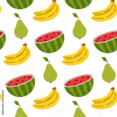 Colorful fruit pattern featuring bananas, pears, and watermelons against a white background