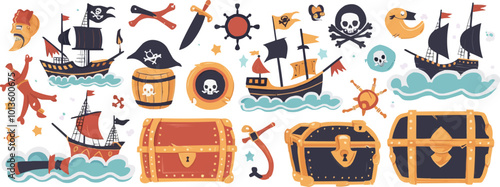 Fun pirate stickers set with ships, treasure chests, and skulls, ideal for pirate-themed parties and adventure stories, flat stickers set, vector illustration.