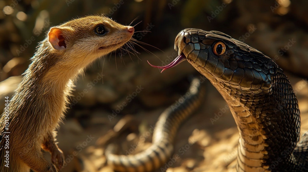 Fototapeta premium A Curious Mongoose Encounters a Venomous Black Snake
