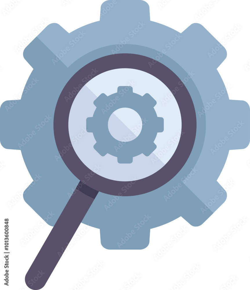 Magnifying glass inspecting a gear, symbolizing analysis and problem solving in engineering and business Magnifying glass inspecting a gear, symbolizing analysis and problem solving in engineering and business