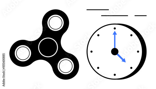 Black fidget spinner next to a clock with blue hands pointing at 9 and 12. Ideal for stress relief, relaxation, time management, productivity, focus. Clean, modern, minimalist