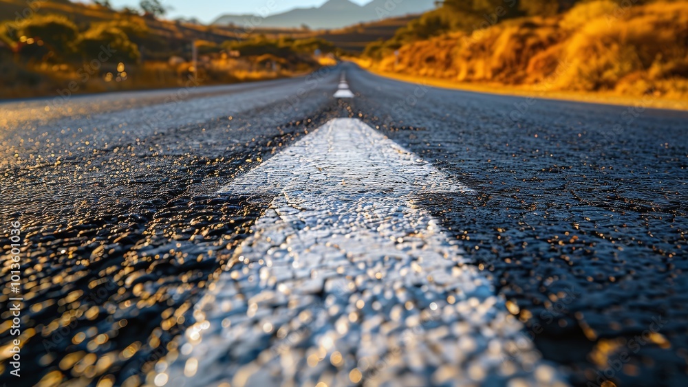 Close-Up of Asphalt Road with Crisp White Arrows Leading to the Horizon - Symbolizing Growth, Progress, and Endless Possibilities Close-Up of Asphalt Road with Crisp White Arrows Leading to the Horizon - Symbolizing Growth, Progress, and Endless Possibilities