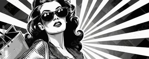 Glamorous pin-up fashionista in vintage attire, posing with shopping bags, vector illustration, pin-up style, scratch board imitation, black and white image.