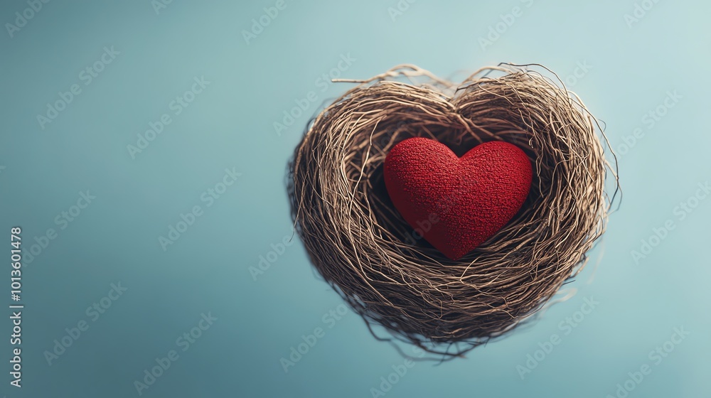 Birds in heartshaped nest, romantic Valentine sky, 3D illustration Birds in heartshaped nest, romantic Valentine sky, 3D illustration