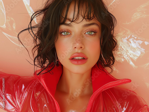 Close-up of a woman with tousled hair in a red vinyl jacket. Edgy fashion shot with bold color contrasts on a coral background. photo