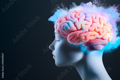 Black background, silhouette of a head with a colorful brain and a splash of watercolor paint,