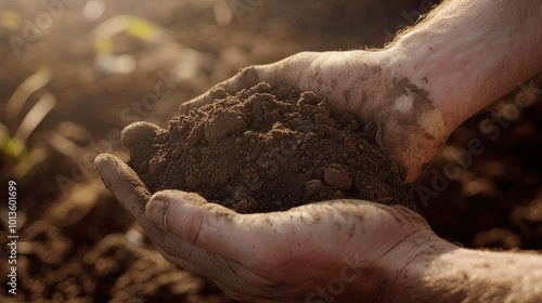 Hands holding rich, dark soil in sunlight.