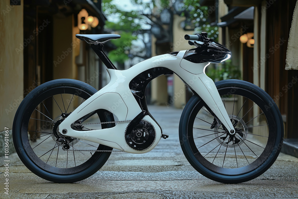 Futuristic electric bicycle parked in a serene traditional alley during dusk in an urban setting Futuristic electric bicycle parked in a serene traditional alley during dusk in an urban setting