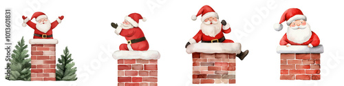 Four different santa claus sitting on a brick chimney photo