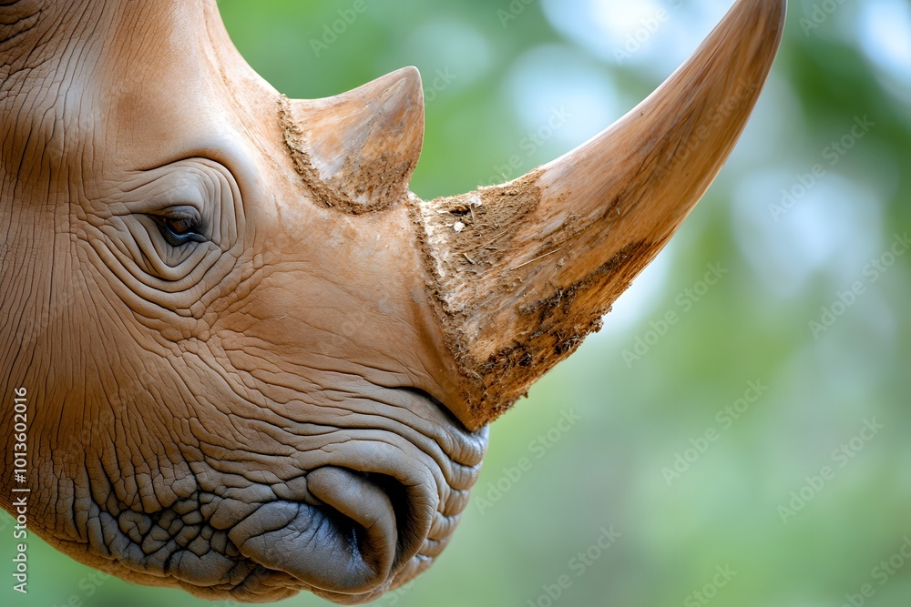 Close-up of a rhino's face. The horn is broken off at one end, and there is no color in it Close-up of a rhino's face. The horn is broken off at one end, and there is no color in it