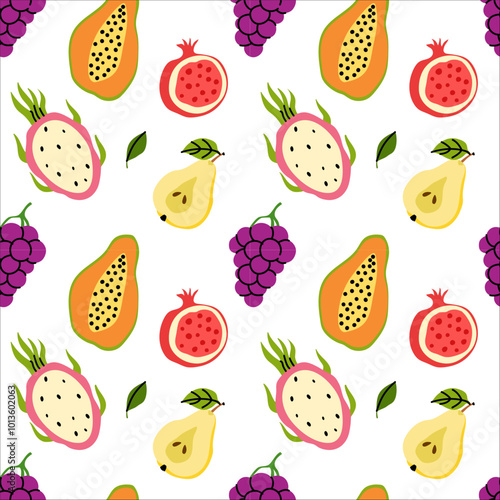 Vibrant fruit pattern with papaya, dragon fruit, pomegranate, grapes, and pear on white