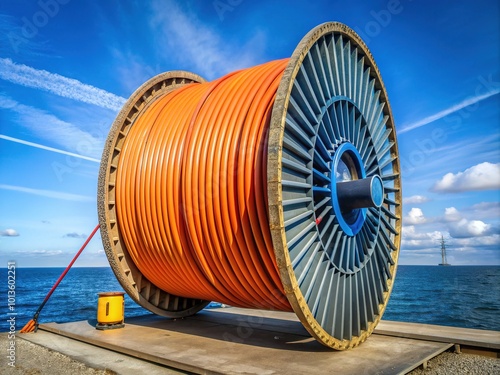 Massive undersea cable coiled onto a metal reel is transported to an offshore wind farm, soon to be submerged and connected to the mainland's power grid.