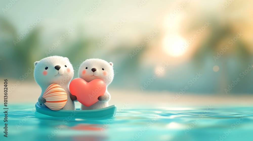 Otters holding heartshaped shells, floating on calm water, 3D illustration Otters holding heartshaped shells, floating on calm water, 3D illustration