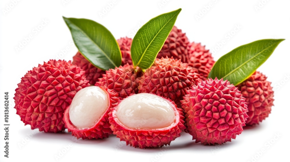 Fresh Lychee Fruits with Green Leaves Isolated on White Background. Fresh Lychee Fruits with Green Leaves Isolated on White Background.