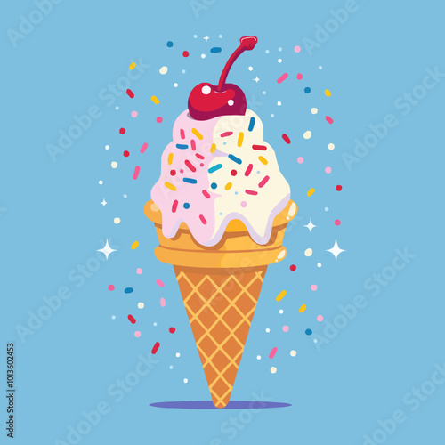 Ice cream cone with sprinkles and a cherry on top, sweet treat delight, vector illustration for t-shirt, flat style.