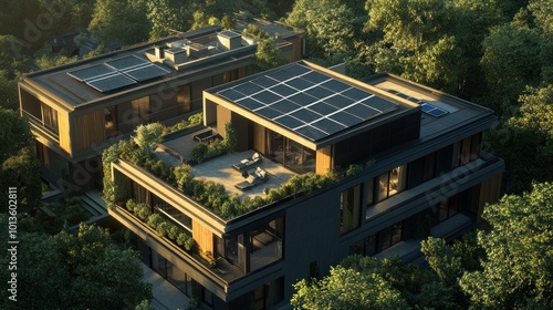 Modern House with Rooftop Terrace, Solar Panels, and Lush Greenery