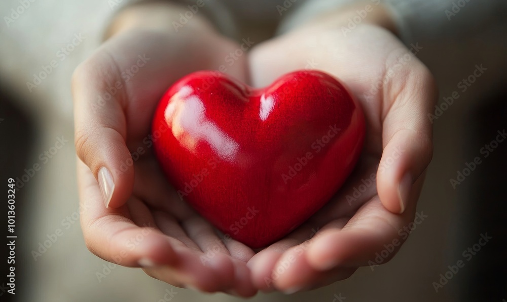 A pair of human hands gently cradling a vibrant red heart symbol, representing support for heart disease awareness and the importance of cardiovascular health, Generative AI A pair of human hands gently cradling a vibrant red heart symbol, representing support for heart disease awareness and the importance of cardiovascular health, Generative AI