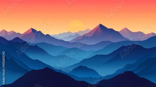A stunning sunset over a range of blue mountains.
