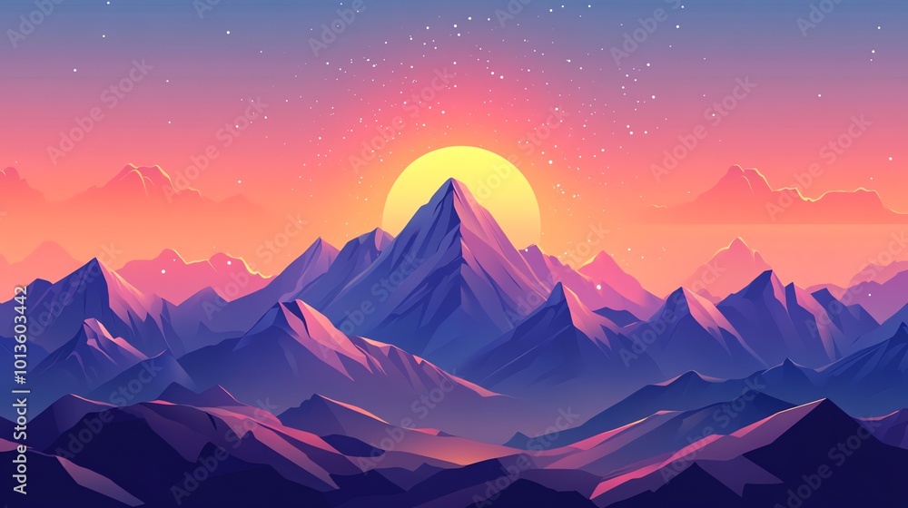 A vibrant digital art illustration depicting a mountain range with a large sun at sunset. A vibrant digital art illustration depicting a mountain range with a large sun at sunset.