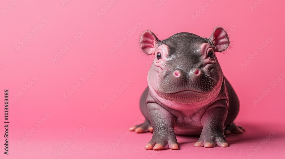 A small, adorable, realistic model of a baby hippopotamus against a pink background, capturing the creature's cute and curious facial expression. A small, adorable, realistic model of a baby hippopotamus against a pink background, capturing the creature's cute and curious facial expression.