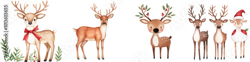 A set of four different deer with one wearing a red bow photo