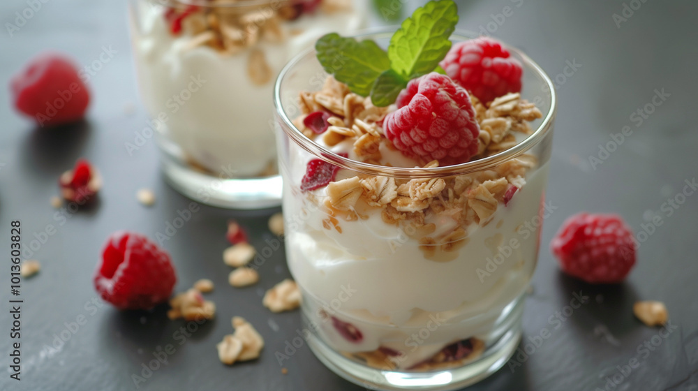 Two glasses of yogurt with raspberries and granola on a table Two glasses of yogurt with raspberries and granola on a table