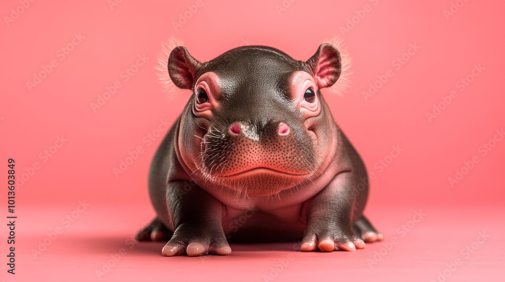 A realistic 3D rendering of a baby hippopotamus sitting against a pink background, looking cute with big eyes and a whimsical expression. A realistic 3D rendering of a baby hippopotamus sitting against a pink background, looking cute with big eyes and a whimsical expression.