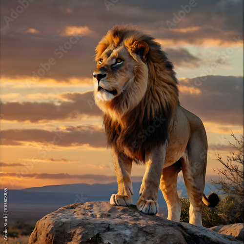 A lion standing on rocks Royalty And Roaring during a sunset