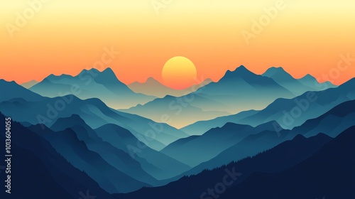 A minimalist illustration of a sunset over mountains.