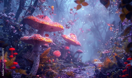 Mystical woodland with vibrant, colorful flora, otherworldly mushrooms emitting soft light, magical animals peeking through foliage, dense fog creating an eerie atmosphere, 4K hyperrealistic photo