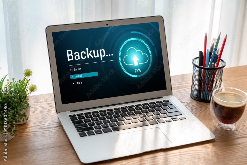 Fototapeta premium Backup Storage Data Internet Technology Business concept. Database storage cloud technology file data transfer sharing, cyber, big data information, internet banking application download upload snugly