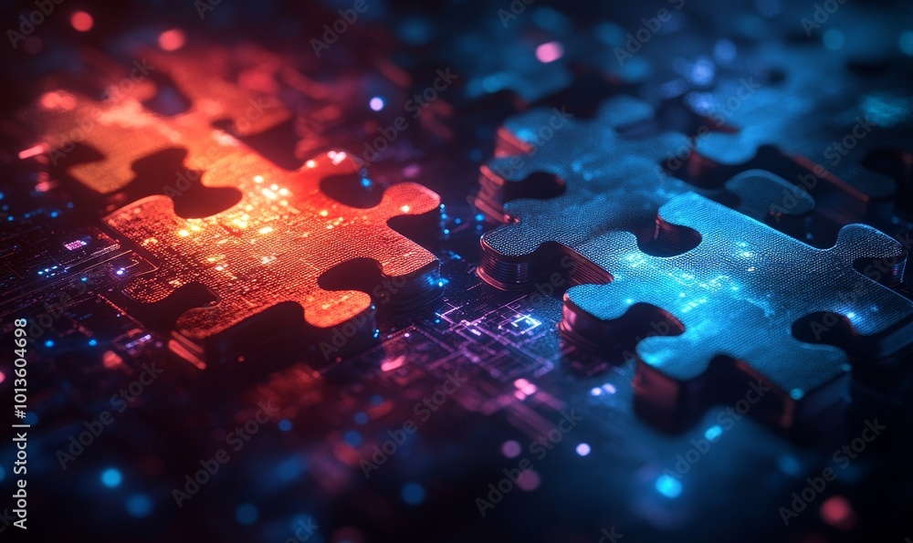 Digital representation of API integration concept with two interlocking puzzle pieces against a futuristic tech-inspired abstract background, symbolizing connectivity and, Generative AI Digital representation of API integration concept with two interlocking puzzle pieces against a futuristic tech-inspired abstract background, symbolizing connectivity and, Generative AI