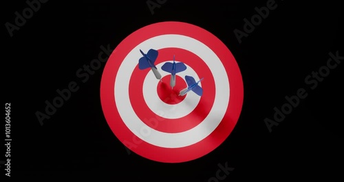 3D render Blue arrow dart hitting the white and red target for show the successful goal on black background. 