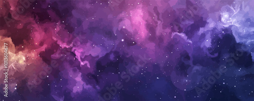 Mystical galaxy watercolor background with starry skies and deep purples, flat, vector illustration.