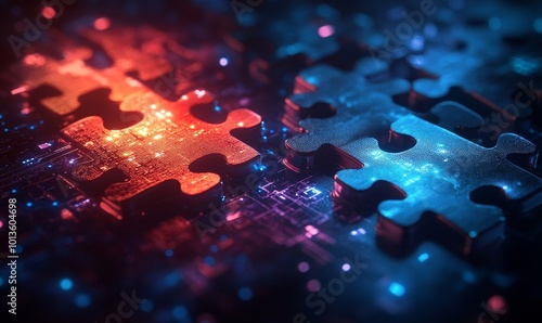 Digital representation of API integration concept with two interlocking puzzle pieces against a futuristic tech-inspired abstract background, symbolizing connectivity and, Generative AI photo