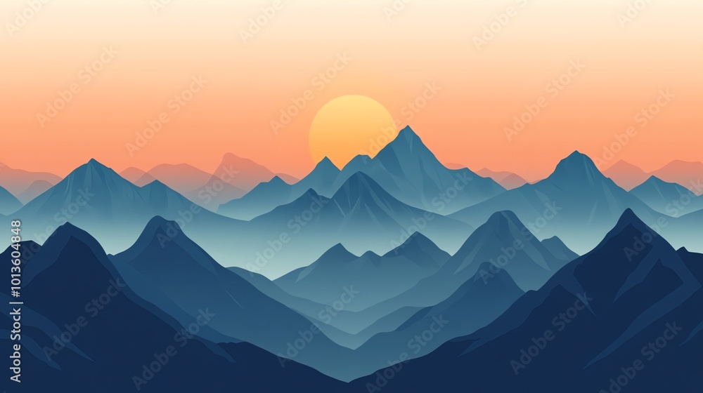 Obraz premium A digital illustration of mountains with a sunrise behind them.
