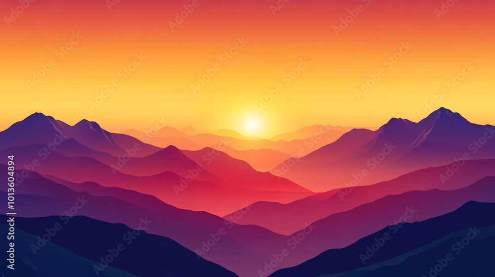 A digital illustration of a colorful sunset over a mountain range.