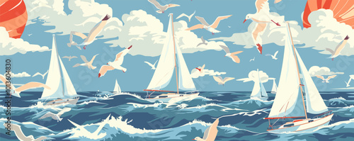 Nautical sailboats and seagulls seamless pattern background, maritime adventures and ocean breeze, vector pattern.