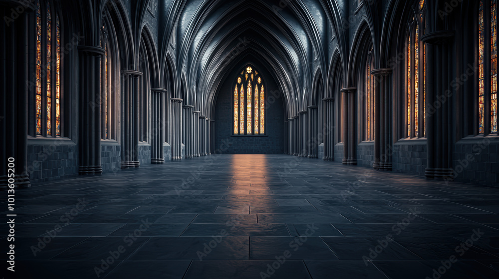 Fototapeta premium Gothic cathedral interior with arches and illuminated stained glass windows.