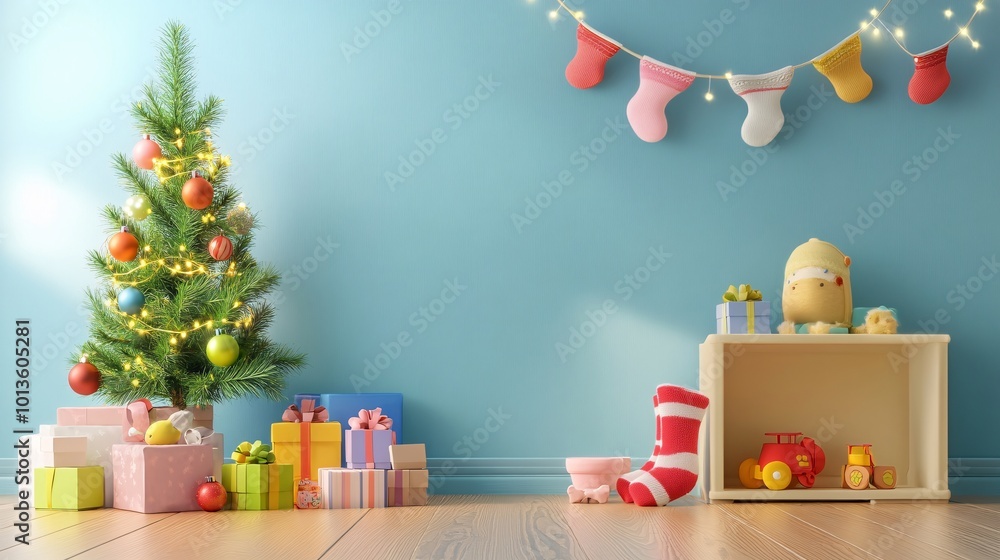 3D Festive Baby Room with Small Christmas Tree and Decor 3D Festive Baby Room with Small Christmas Tree and Decor