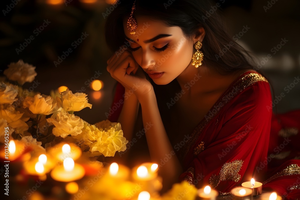 Enchanting Woman in Red Saree with Candlelight and Bindi Enchanting Woman in Red Saree with Candlelight and Bindi