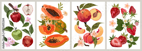 Collection of abstract fruit poster. Art print with hand drawn strawberry, apple, peach and papaya. Trendy design for wall decor, postcard, cover, packaging, t shirt.