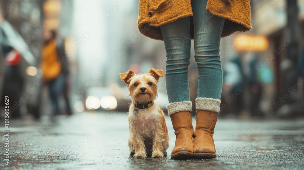 A woman is standing next to a small brown dog on a wet street. The dog ...